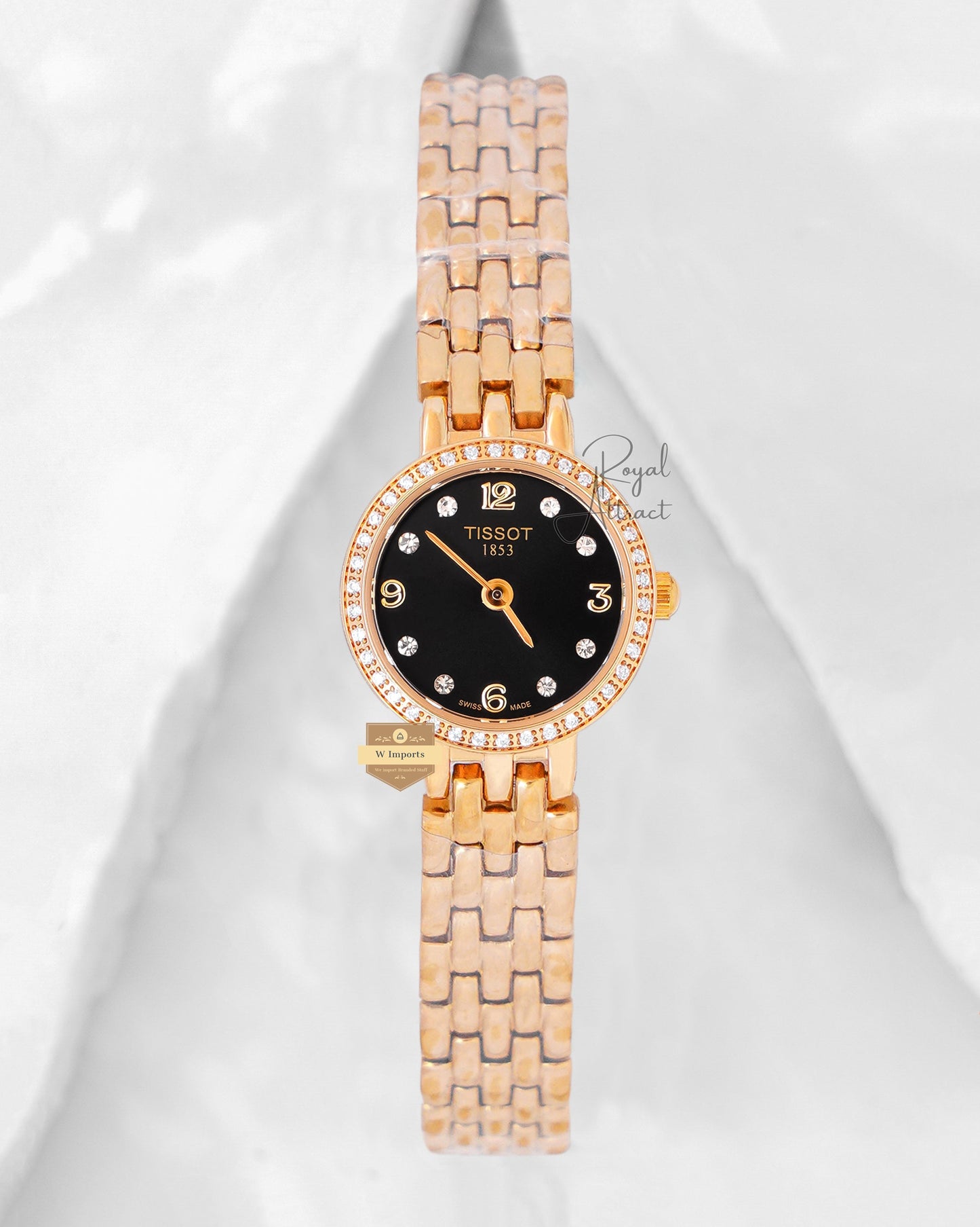 Latest Collection Yellow Gold With Black Dial Stone Bezel Ladies Small Size Watch