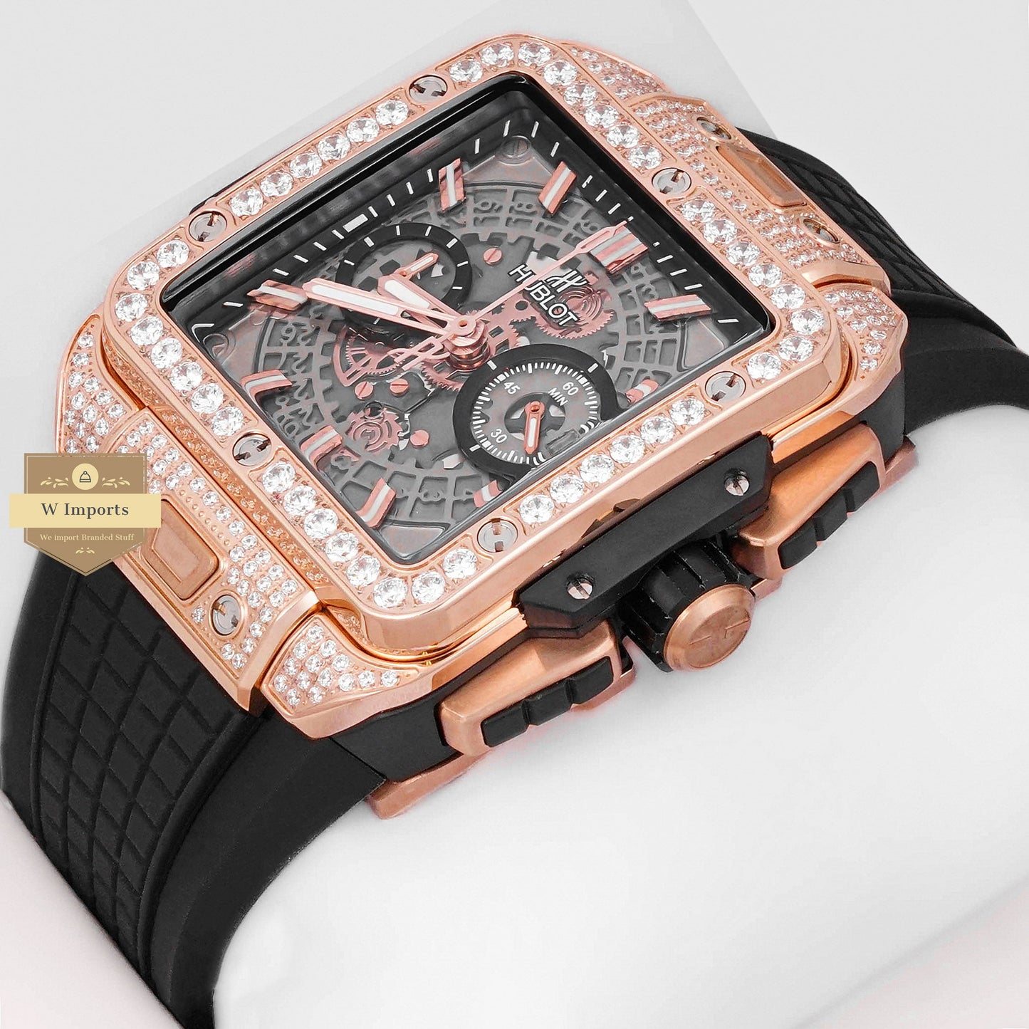 LATEST PREMIUM COLLECTION CHRONOGRAPH ROSE GOLD STONE BEZEL & BLACK DIAL WITH PVC STRAP