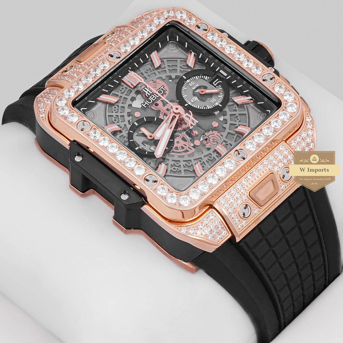 LATEST PREMIUM COLLECTION CHRONOGRAPH ROSE GOLD STONE BEZEL & BLACK DIAL WITH PVC STRAP