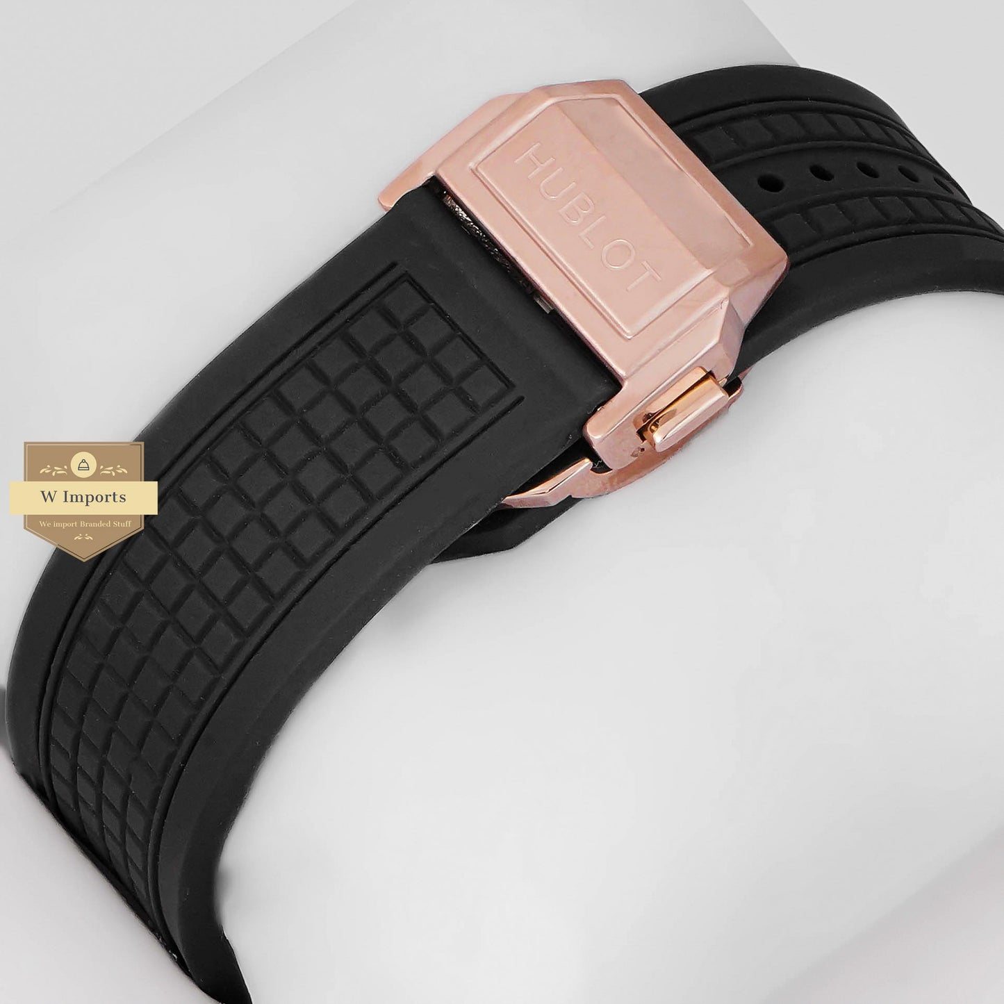 LATEST PREMIUM COLLECTION CHRONOGRAPH ROSE GOLD STONE BEZEL & BLACK DIAL WITH PVC STRAP