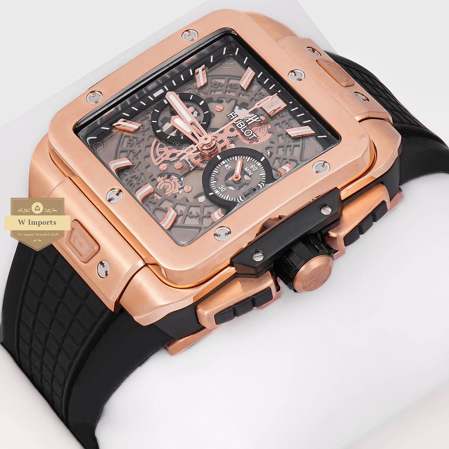 LATEST PREMIUM COLLECTION CHRONOGRAPH ROSE GOLD CASE WITH BLACK DIAL AND PVC STRAP