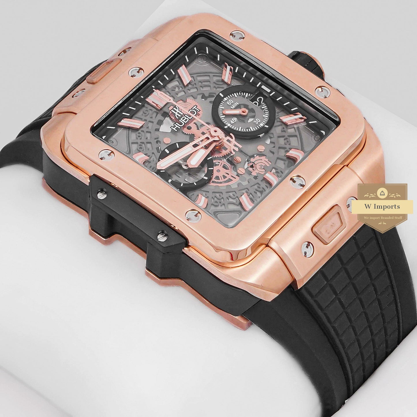 LATEST PREMIUM COLLECTION CHRONOGRAPH ROSE GOLD CASE WITH BLACK DIAL AND PVC STRAP