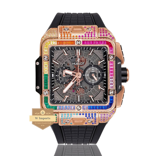 LATEST PREMIUM COLLECTION CHRONOGRAPH ROSE GOLD MULTI STONE BEZEL & BLACK DIAL WITH PVC STRAP