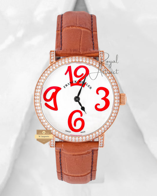 Latest New Collection Rose Gold With White Dial Stone Bezel Strap Watch