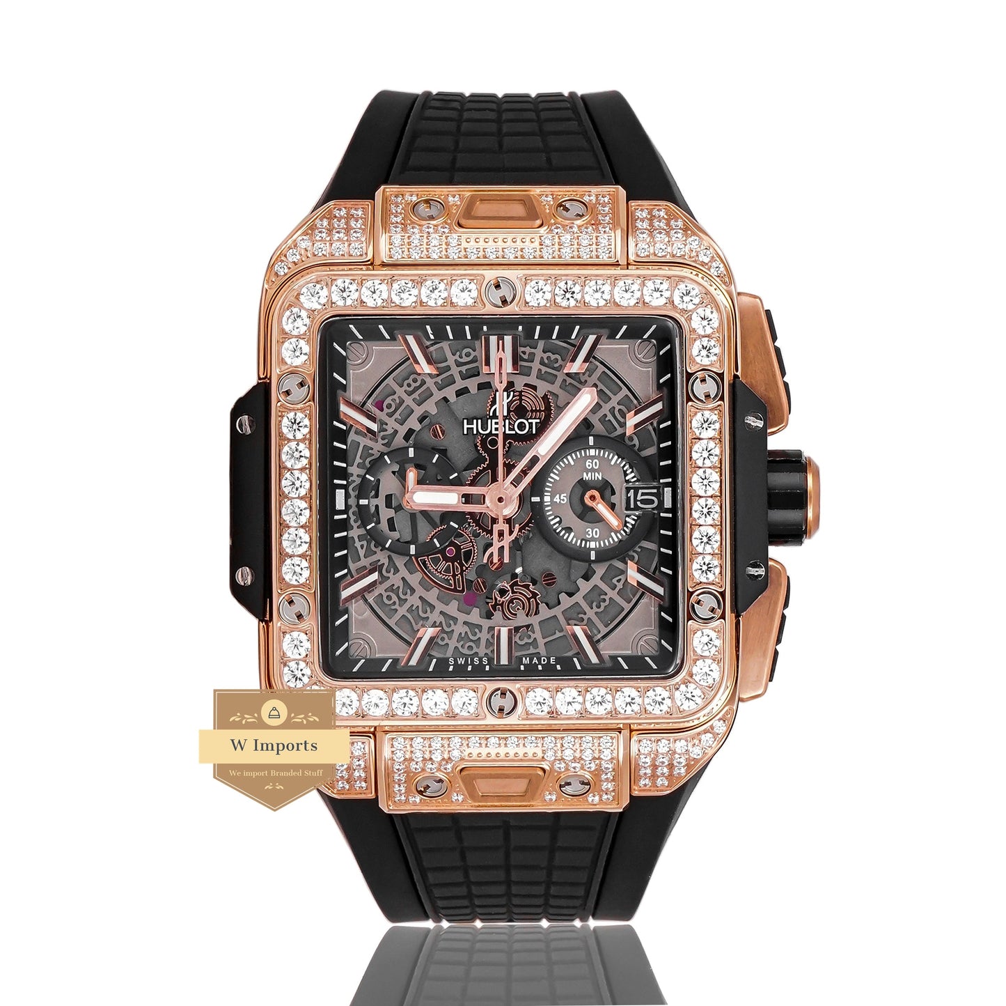 LATEST PREMIUM COLLECTION CHRONOGRAPH ROSE GOLD STONE BEZEL & BLACK DIAL WITH PVC STRAP