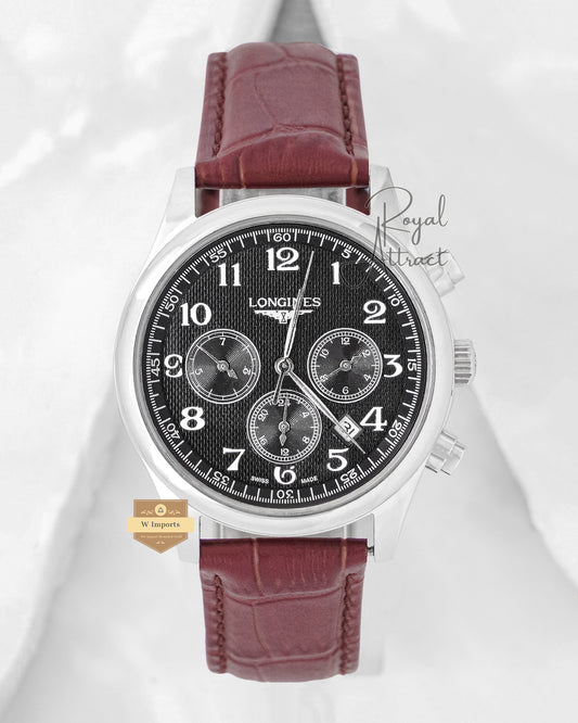 Latest Collection Chronograph Silver Case With Black Dial Leather Strap Automatic Watch