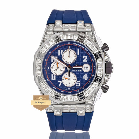 LATEST COLLECTION CHRONOGRAPH SILVER STONE BEZEL WITH BLUE DIAL & RUBBER STRAP