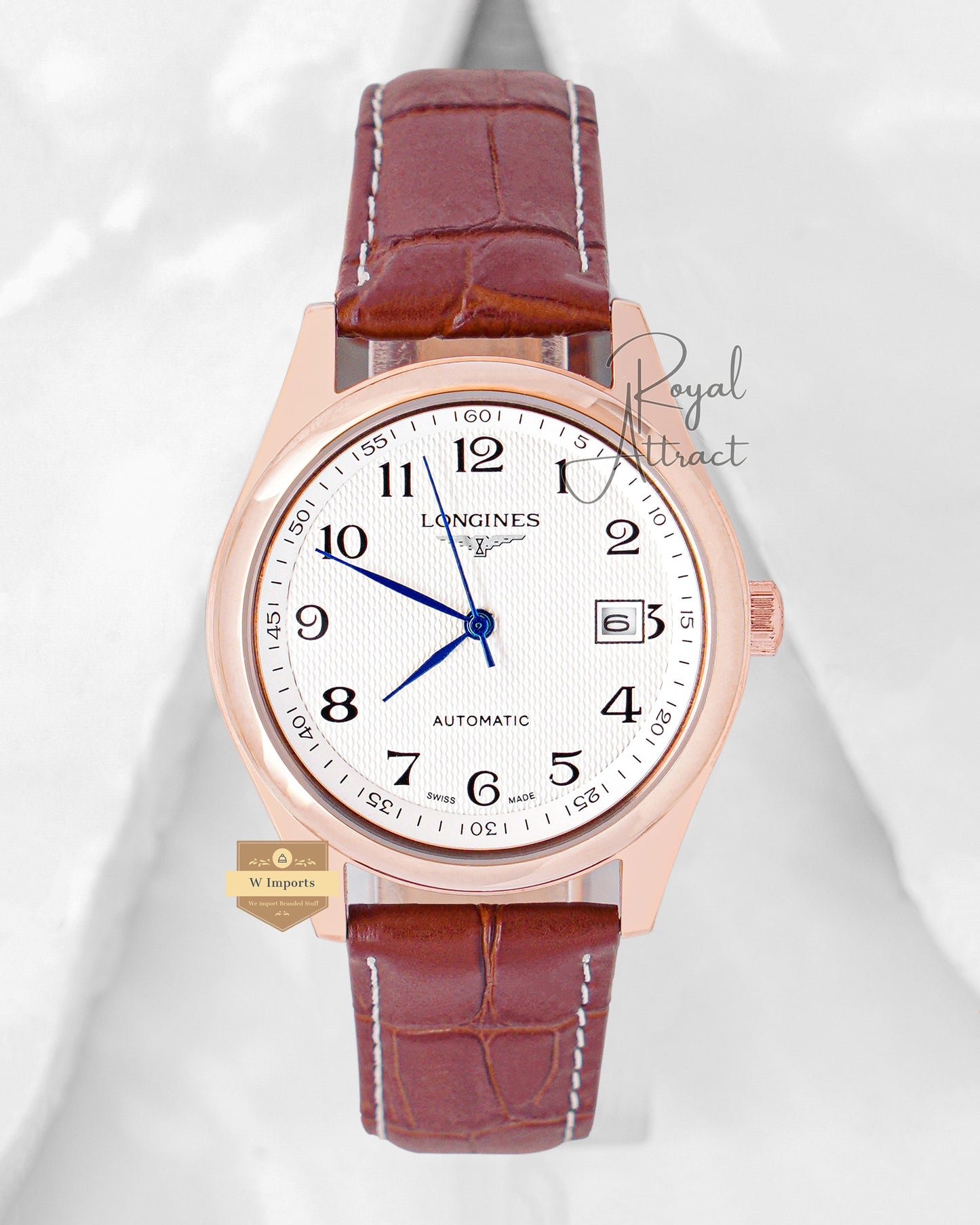Latest Collection Rose Gold Case With White Dial Leather Strap Automatic Watch
