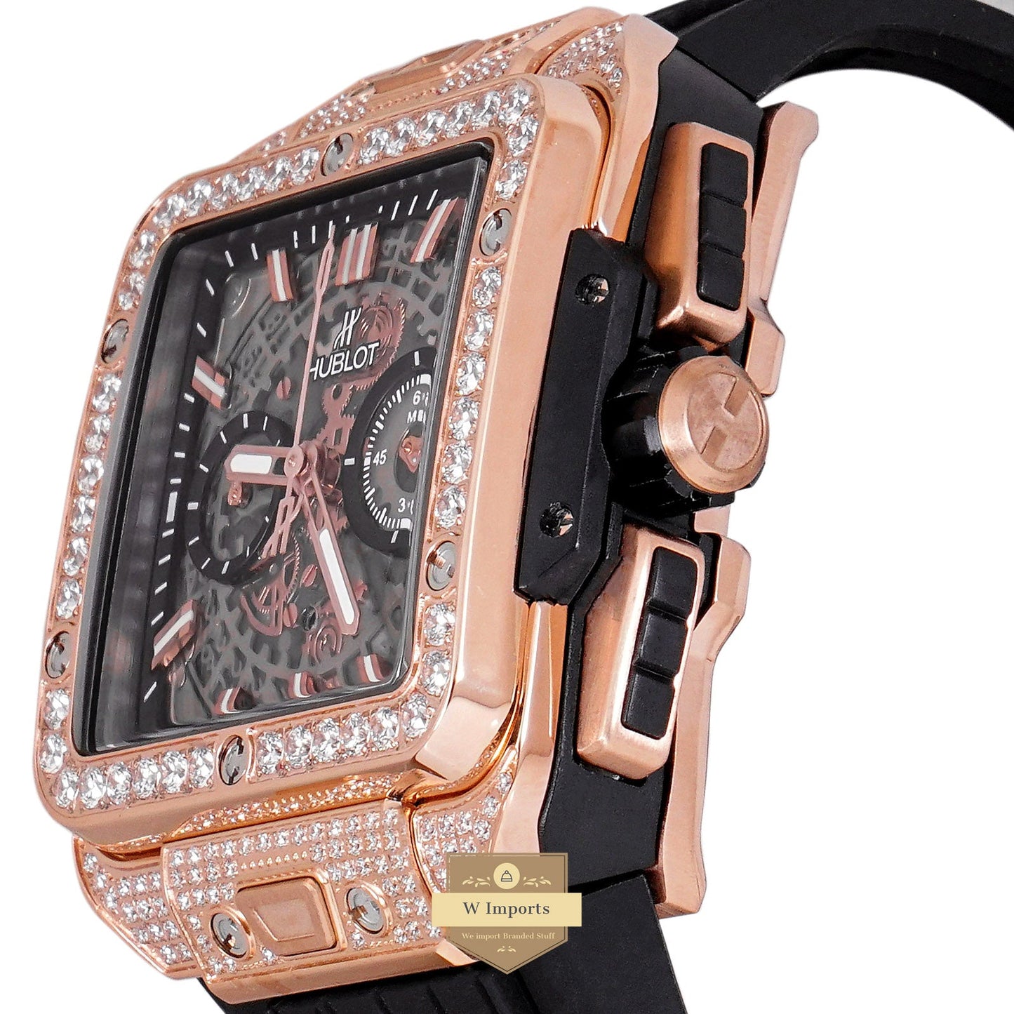 LATEST PREMIUM COLLECTION CHRONOGRAPH ROSE GOLD STONE BEZEL & BLACK DIAL WITH PVC STRAP