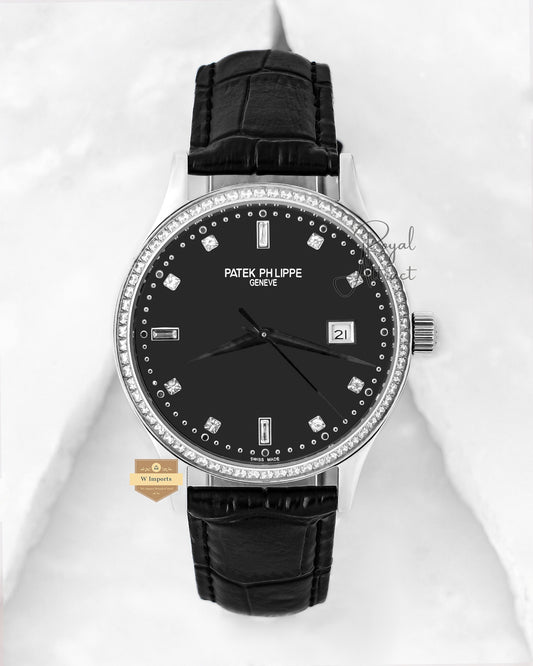 Latest Collection Silver Case With Black Dial Stone Bezel & Leather Strap