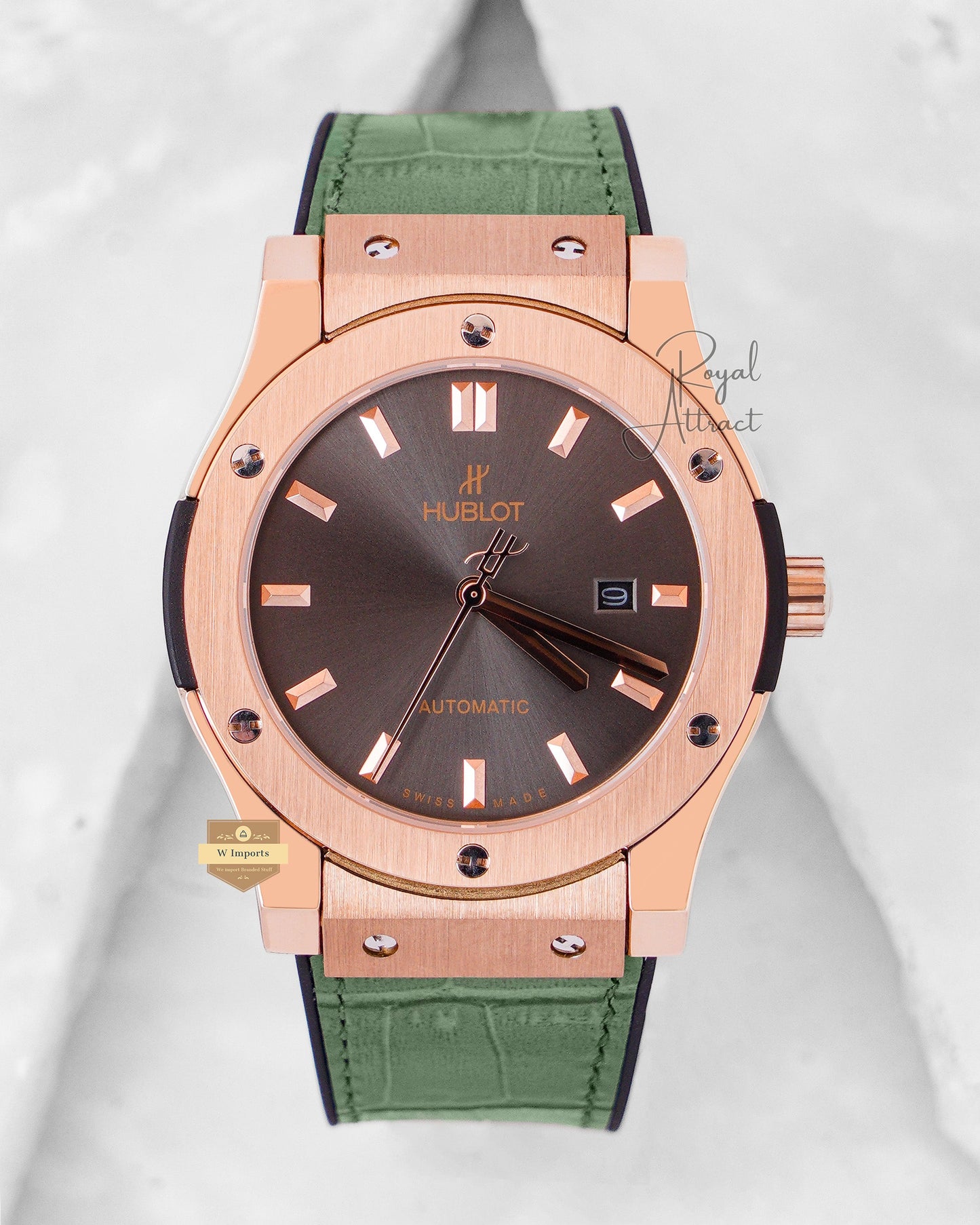 Latest Collection Rose Gold Case With Gray Shaded Dial & Leather Strap