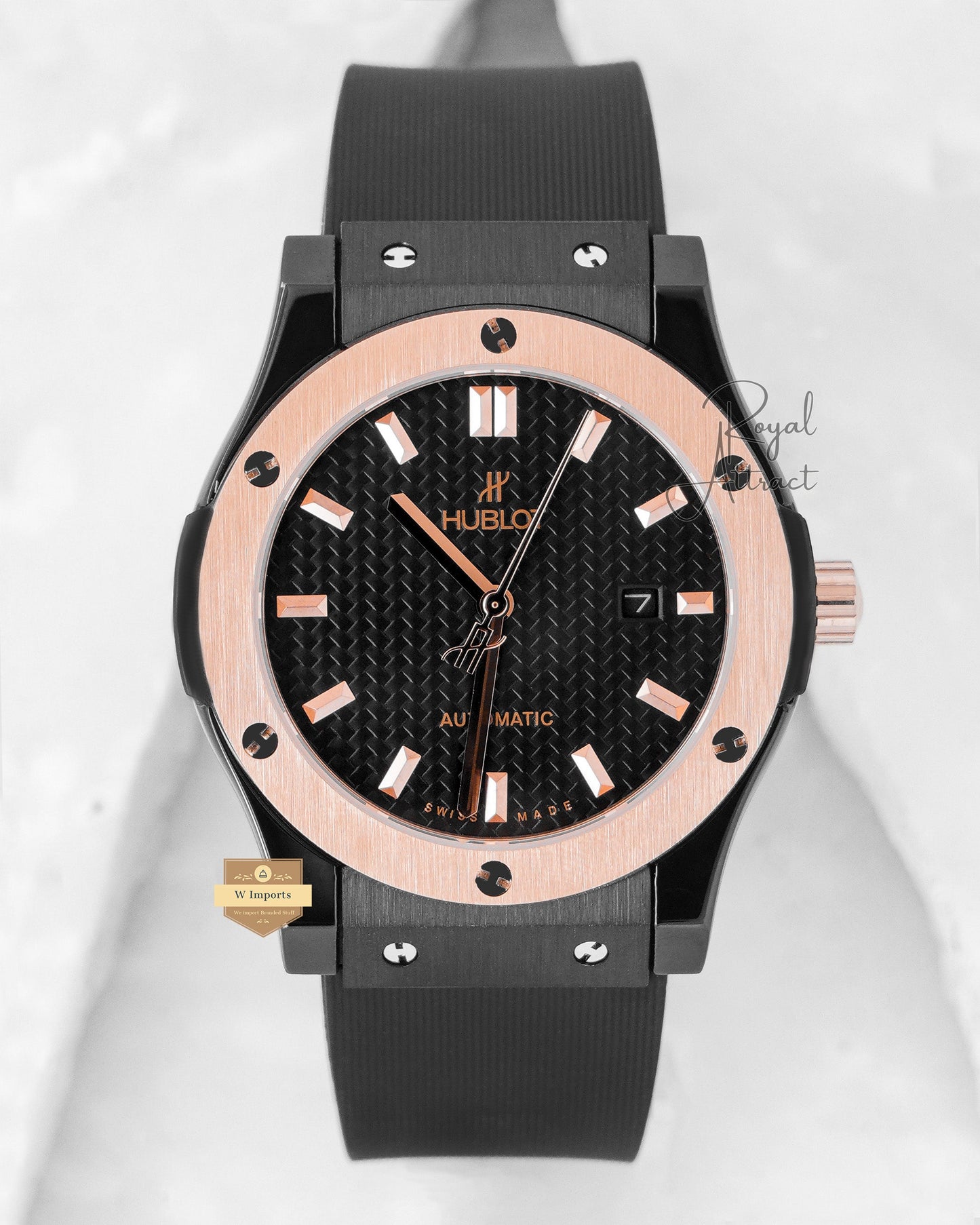 Latest Collection Black Case With Black Dial Rose Gold Bezel & Pvc Strap