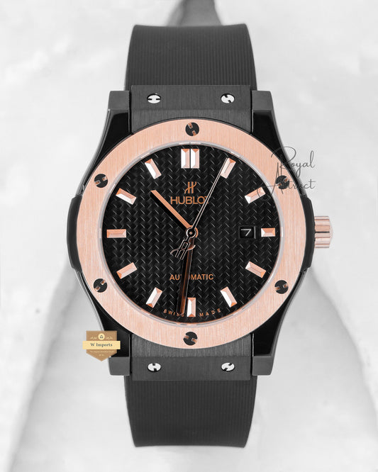 Latest Collection Black Case With Black Dial Rose Gold Bezel & Pvc Strap