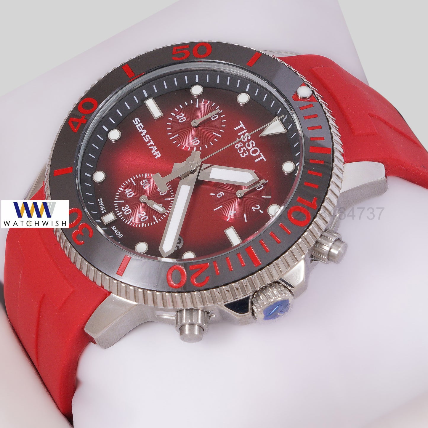 LATEST COLLECTION CHRONOGRAPH SILVER CASE WITH RED DIAL & PVC STRAP