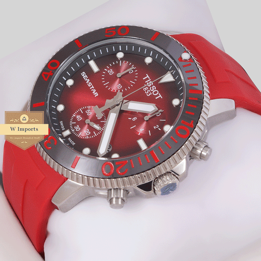 Latest Collection Chronograph Silver Case With Red Dial & Pvc Strap