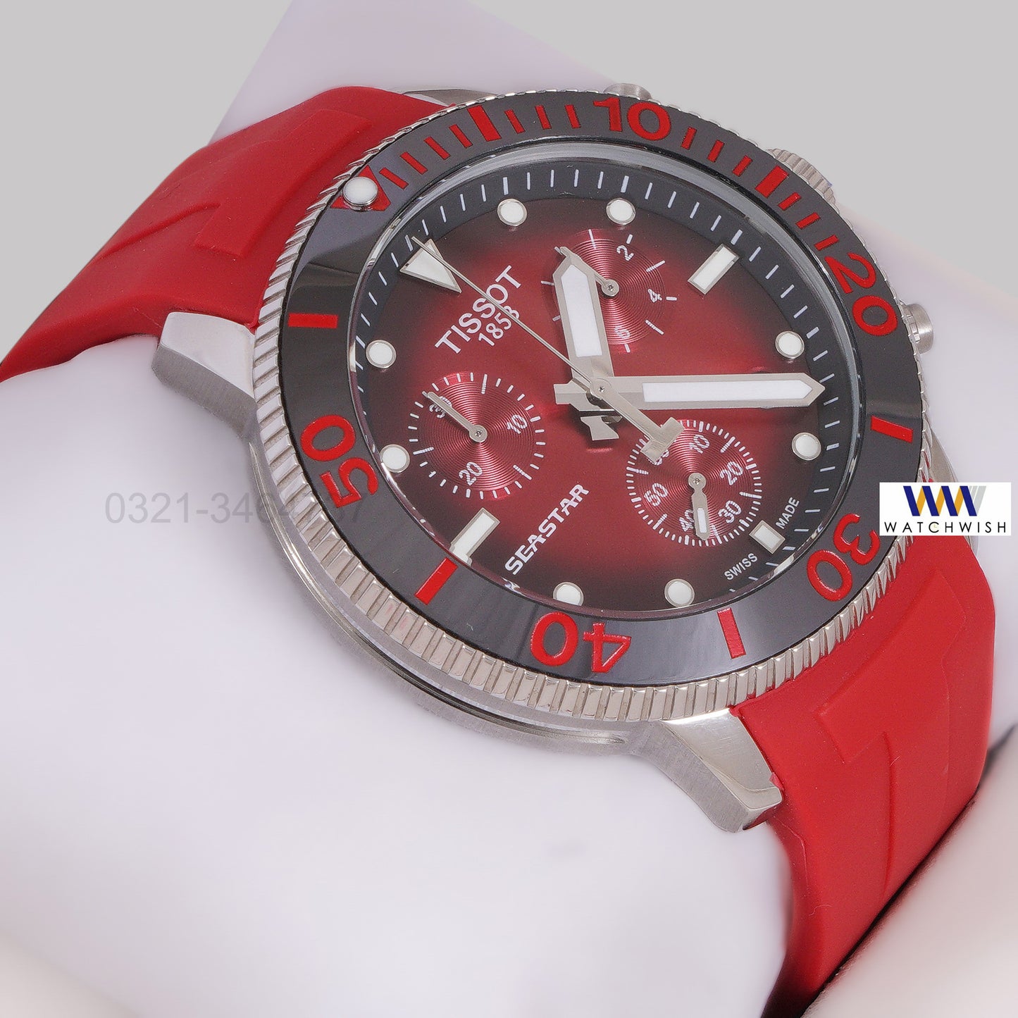 LATEST COLLECTION CHRONOGRAPH SILVER CASE WITH RED DIAL & PVC STRAP