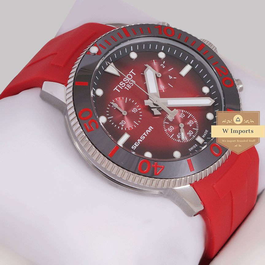 Latest Collection Chronograph Silver Case With Red Dial & Pvc Strap