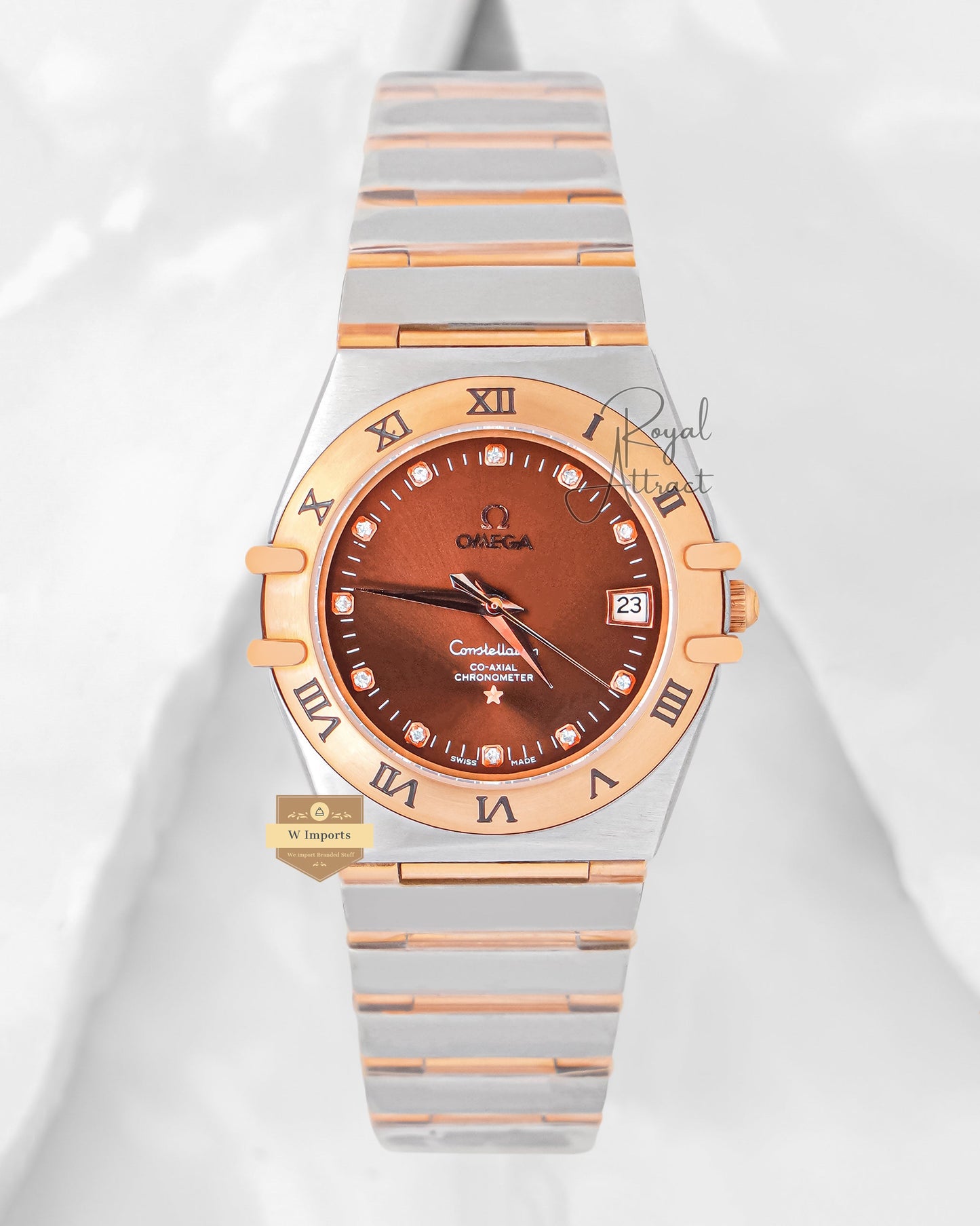 Latest Collection Two Tone Yellow Gold With Brown Dial Stone Figure