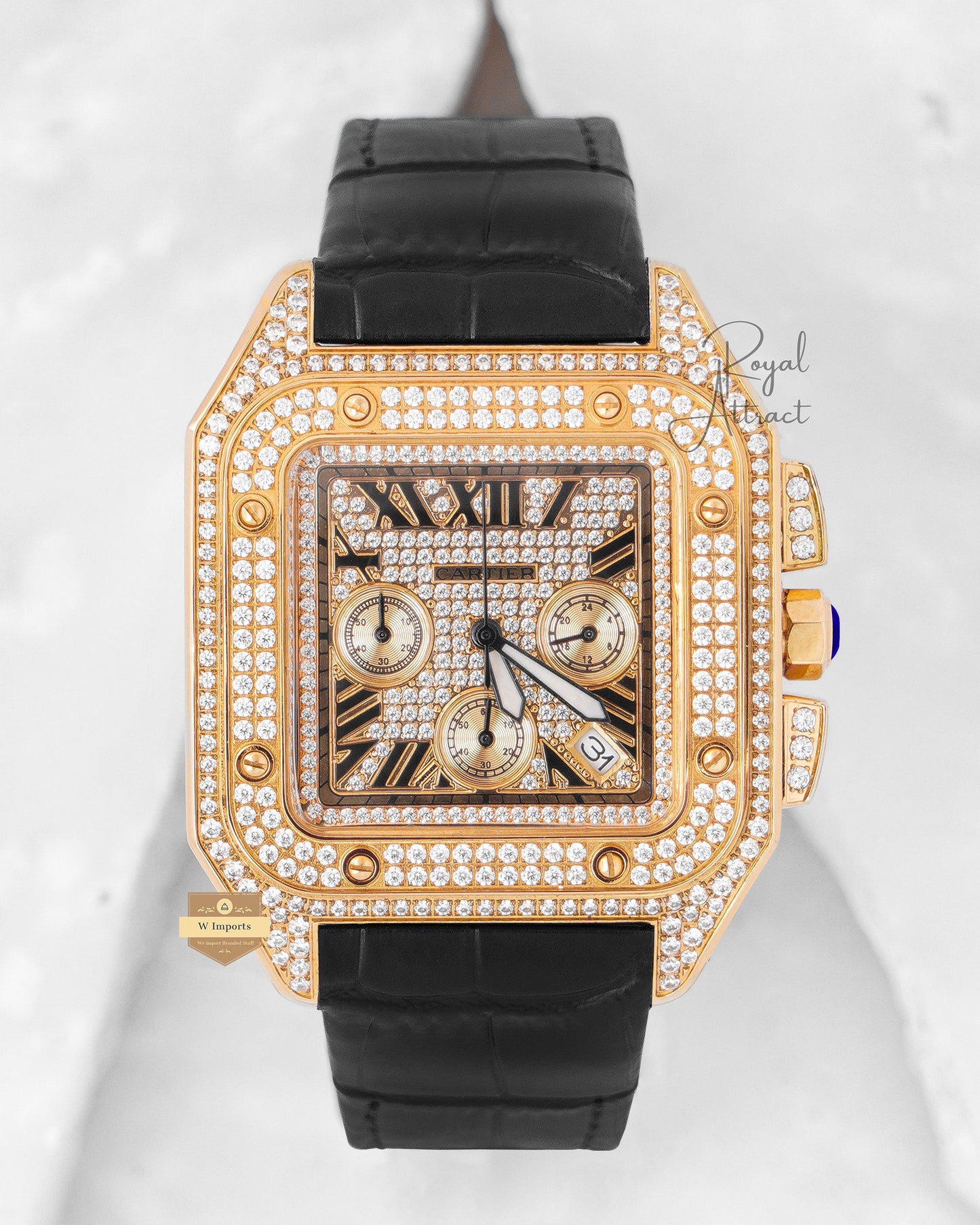 Latest Collection Chronograph Yellow Gold Stone Case With Dial & Black Leather Strap