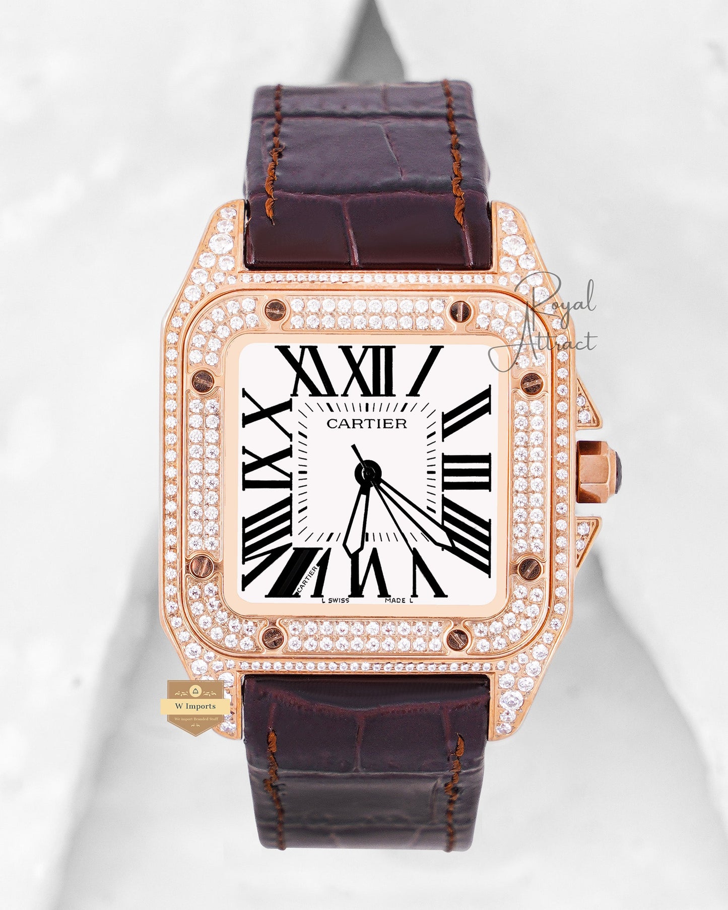 Latest Collection Rose Gold Stone Case With White Dial & Brown Leather Strap