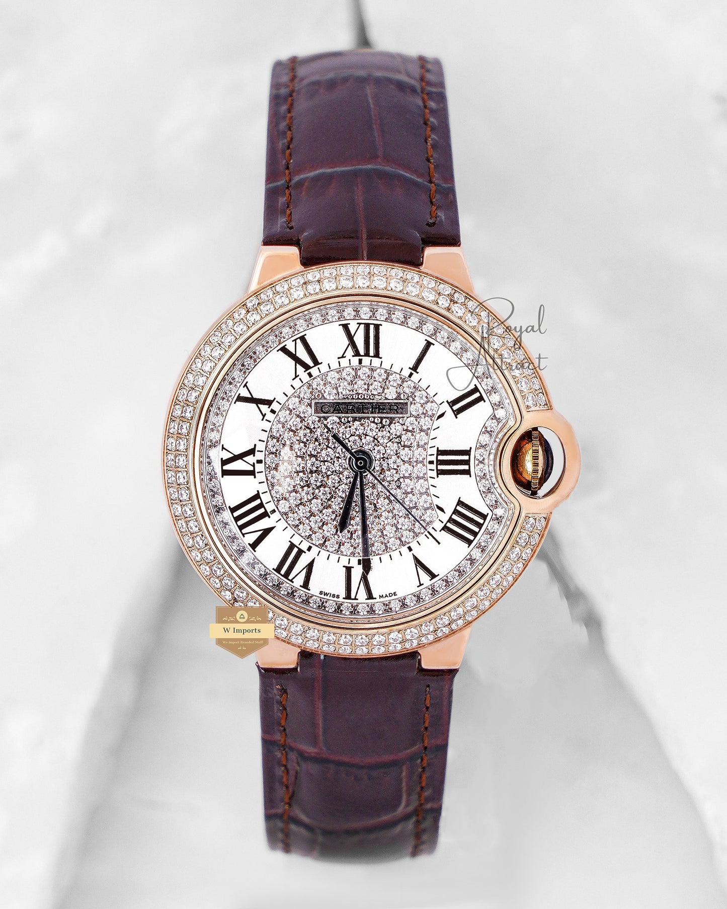 Latest Collection Ballon blew Rose Gold Case With White Stone Dial & Leather Strap Ladies Watch