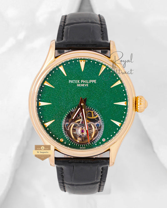 Latest Collection Tourbillon Yellow Gold Case With Green Dial & Leather Strap
