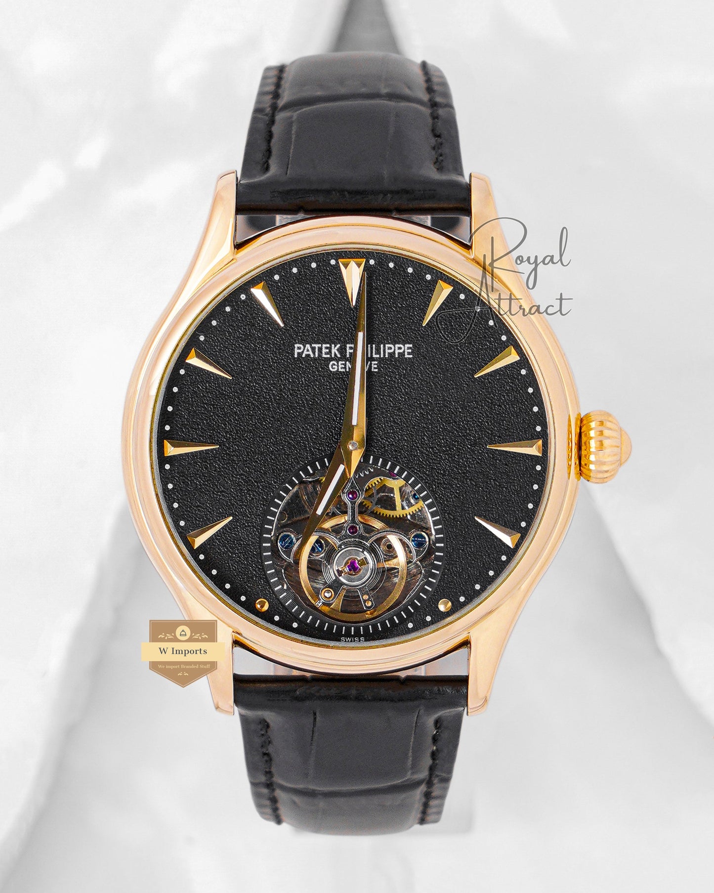 Latest Collection Tourbillon Yellow Gold Case With Black Dial & Leather Strap