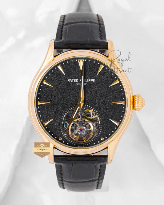 Latest Collection Tourbillon Yellow Gold Case With Black Dial & Leather Strap