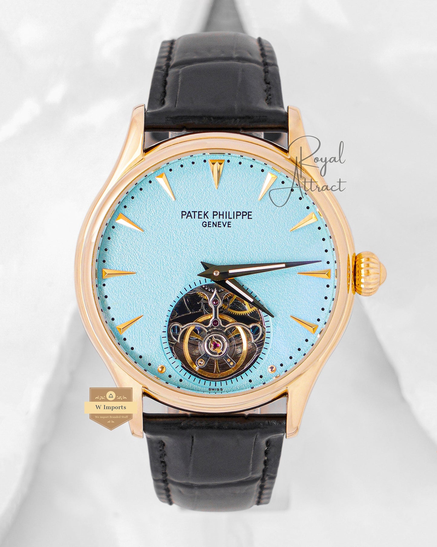Latest Collection Tourbillon Yellow Gold Case With Light Blue Dial & Leather Strap