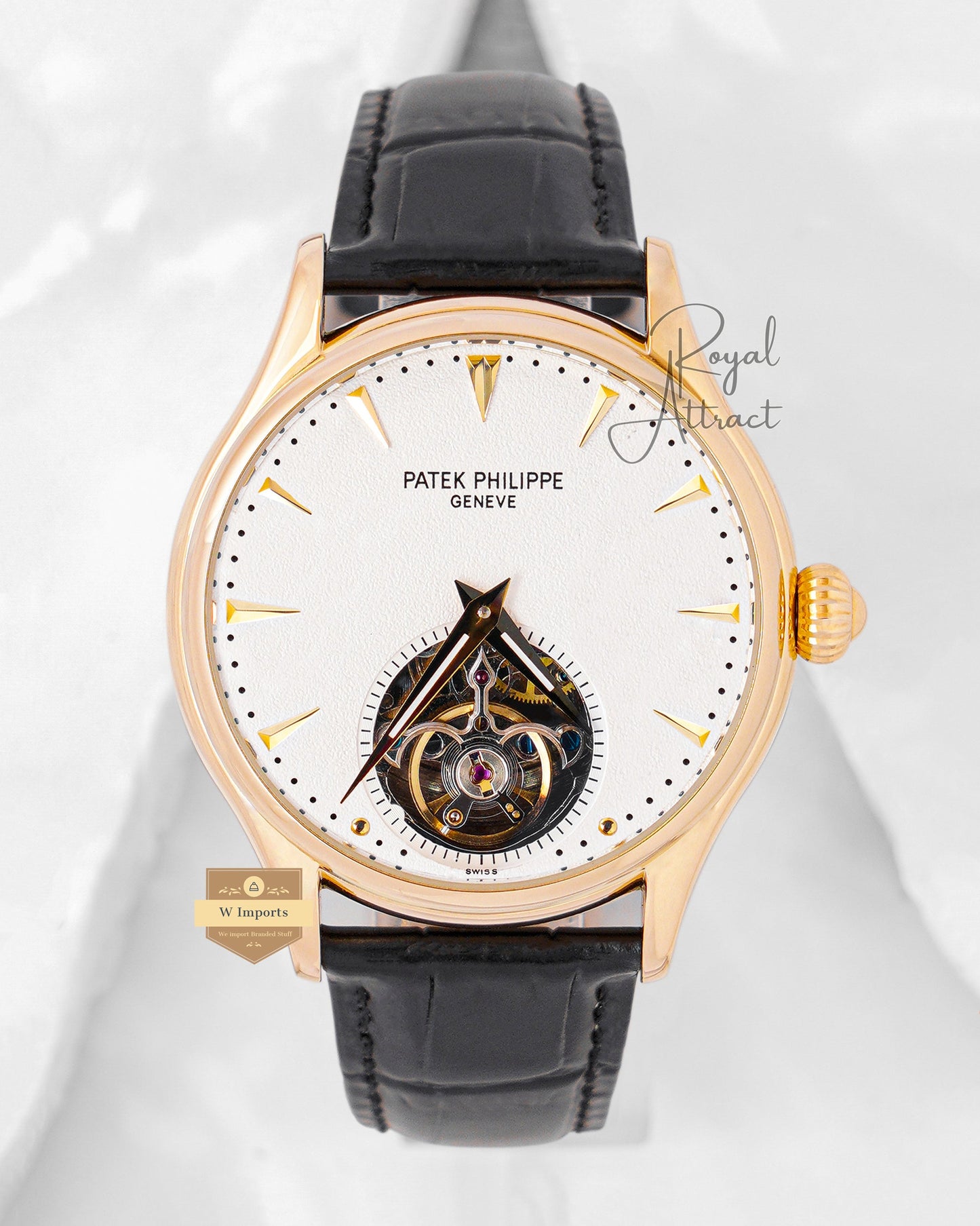 Latest Collection Tourbillon Yellow Gold Case With White Dial & Leather Strap