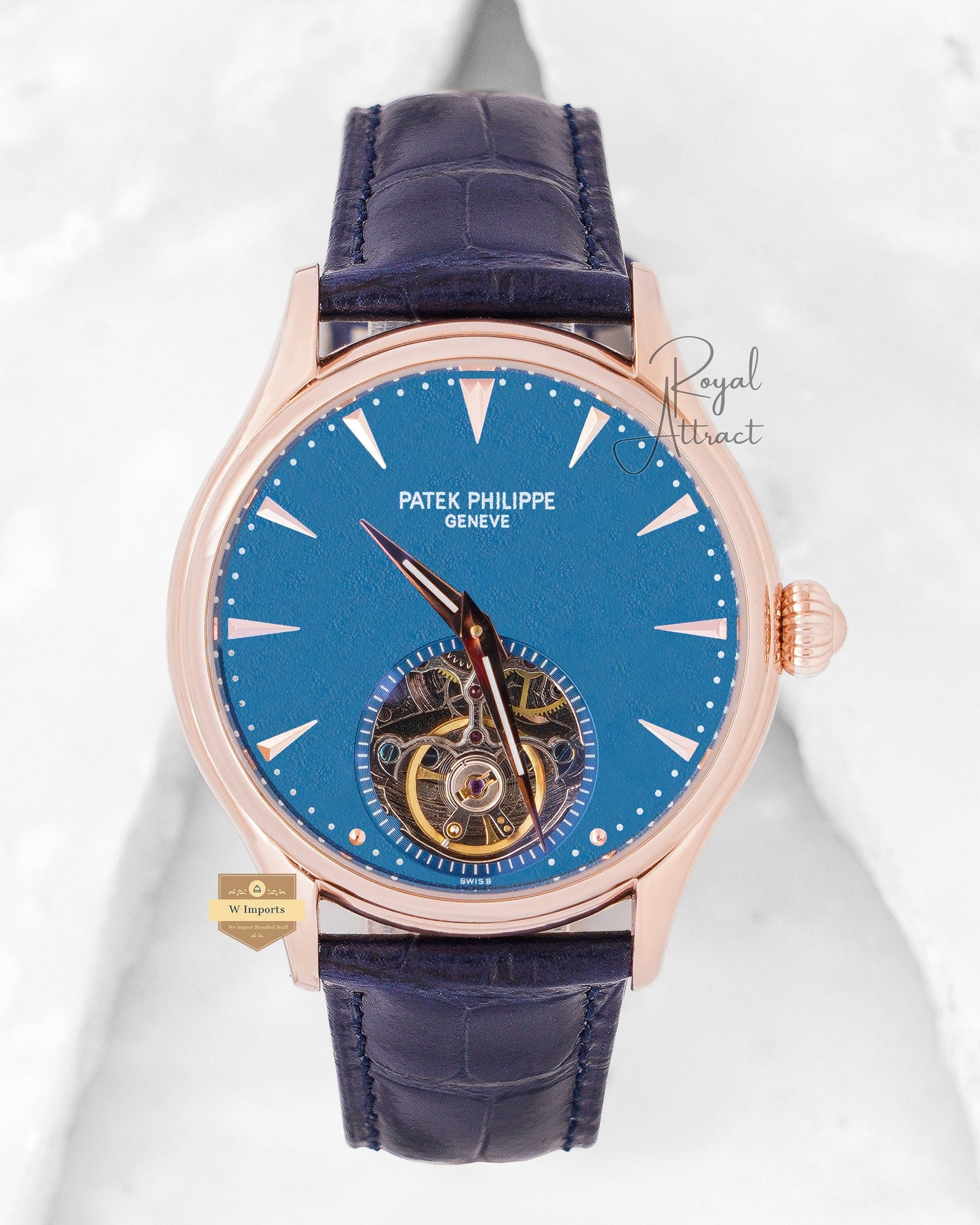 Latest Collection Tourbillon Rose Gold Case With Blue Dial & Leather Strap