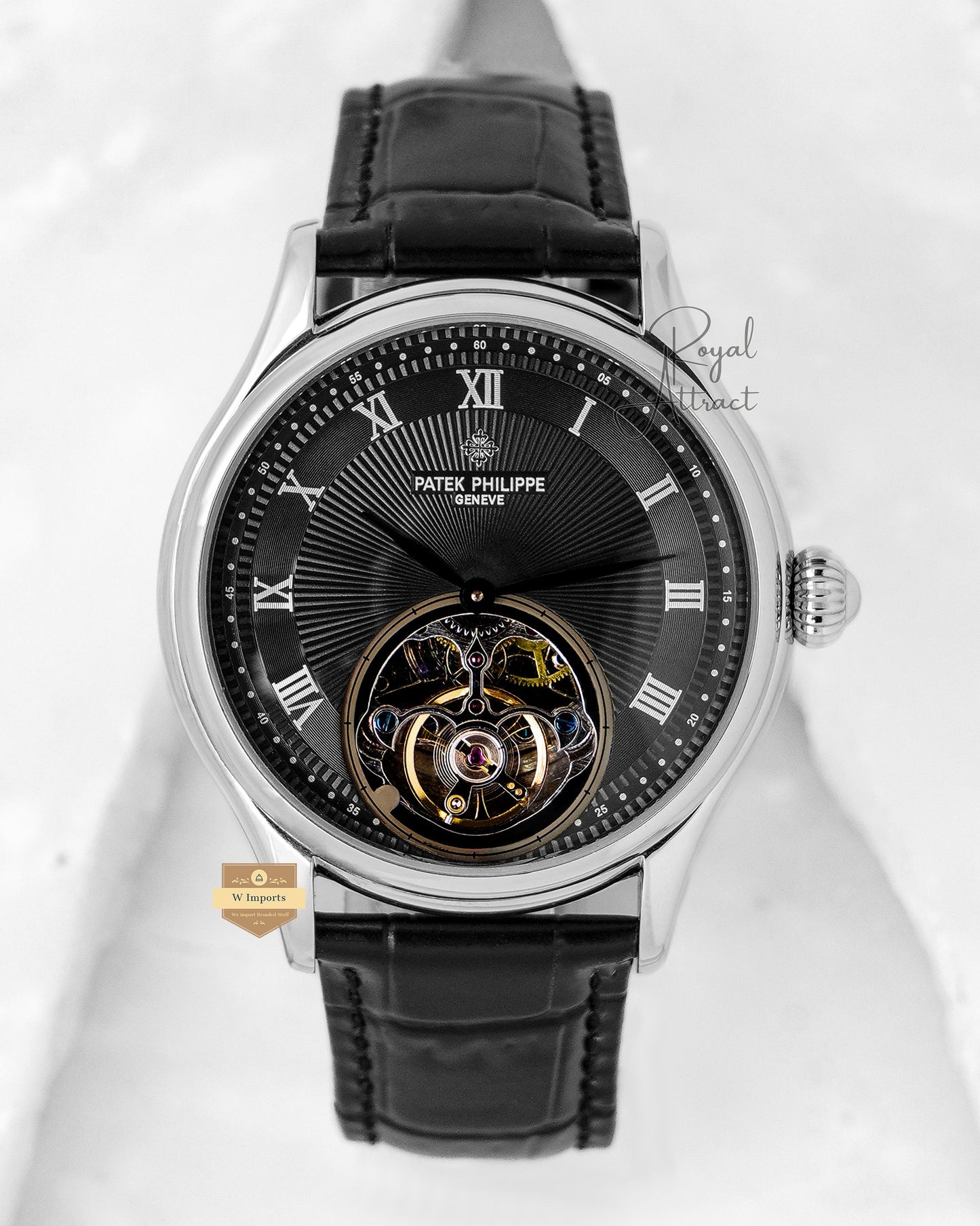 Latest Collection Tourbillon Silver Case With Roman Figure Black Dial & Leather Strap