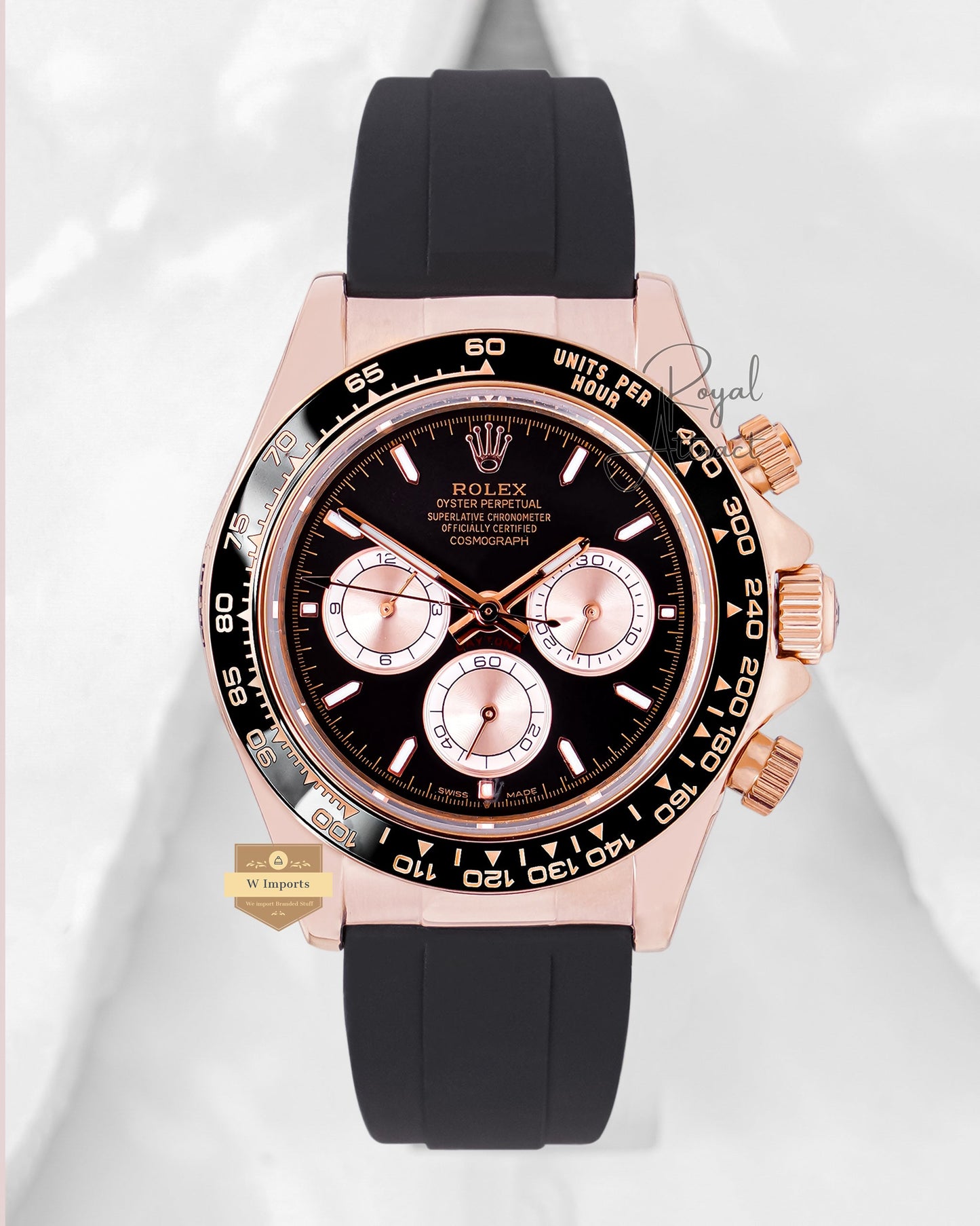 Latest Collection Chronograph 40 Rose Gold Case With Black Dial Ceramic Bezel & Black Rubber Strap V3 Made