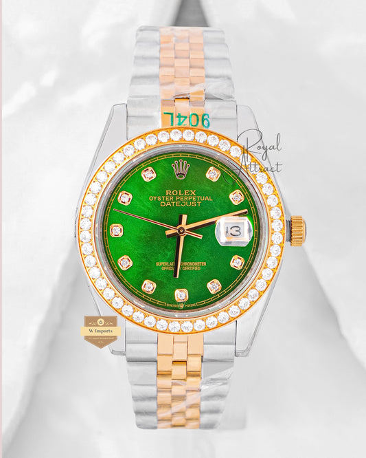 Latest Collection 41 Two Tone Yellow Gold With Green Dial Stone Bezel V3 Factory