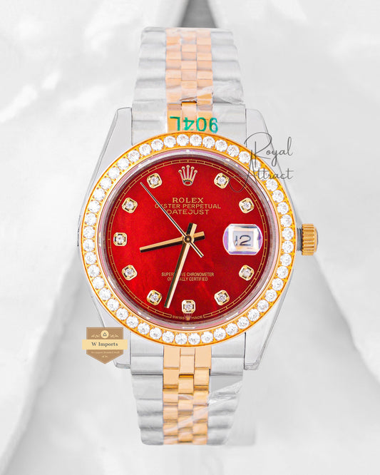 Latest Collection 41 Two Tone Yellow Gold With Red Dial Stone Bezel V3 Factory