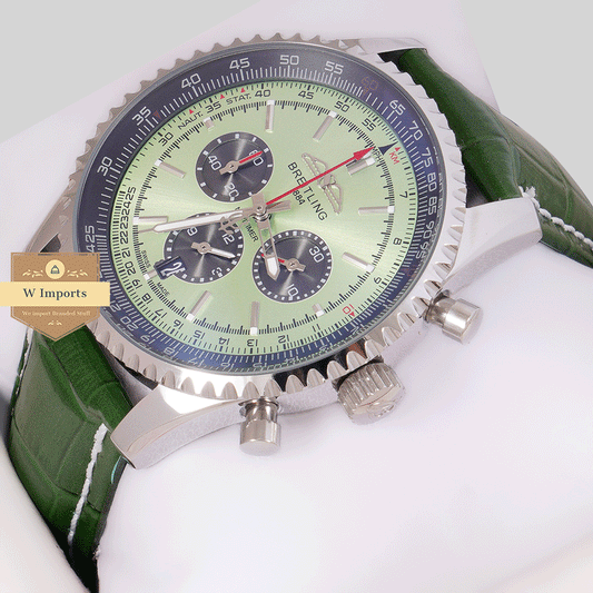 Latest Collection Silver Case With Green Dial Chronograph Watch with Leather strap