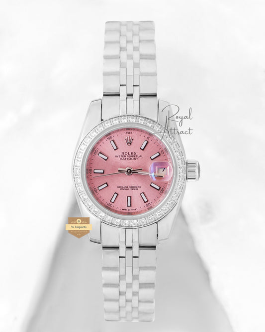 Latest Ladies Collection 28 Silver With Pink Dial Stone Bezel Automatic Watch Zr Factory