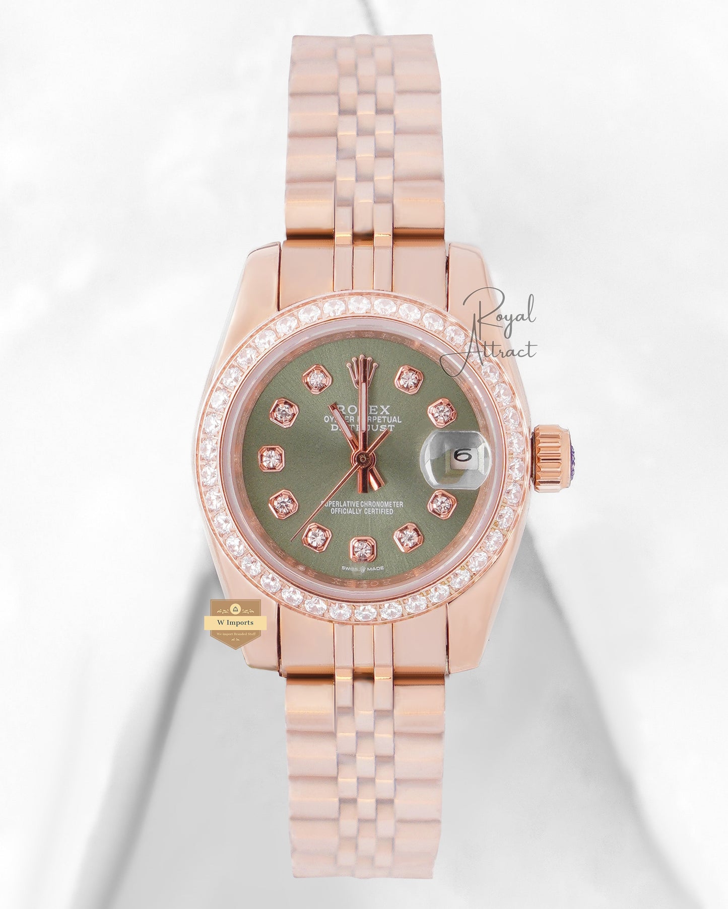 Latest Ladies Collection 28 Stone Bezel Rose Gold With Green Dial Zr Factory