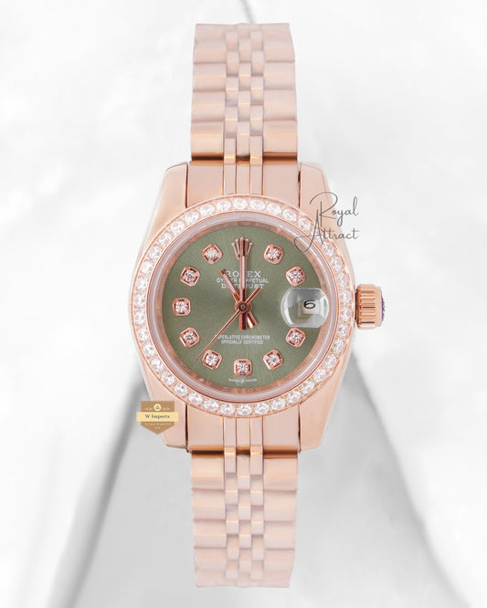 Latest Ladies Collection 28 Stone Bezel Rose Gold With Green Dial Zr Factory