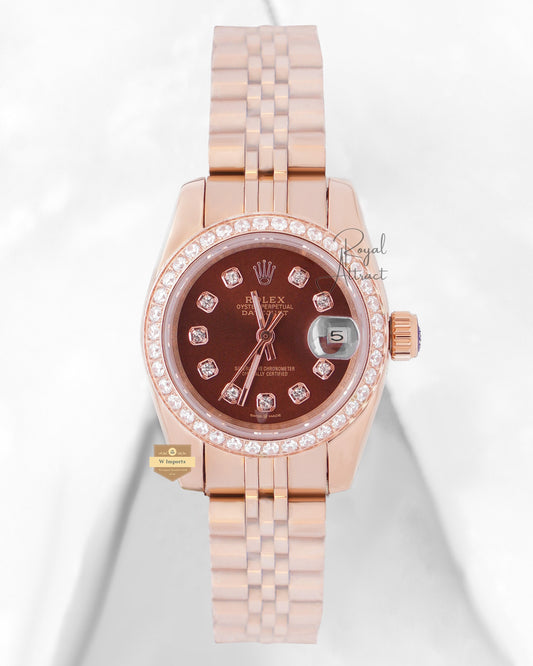 Latest Ladies Collection 28 Stone Bezel Rose Gold With Brown Dial Zr Factory