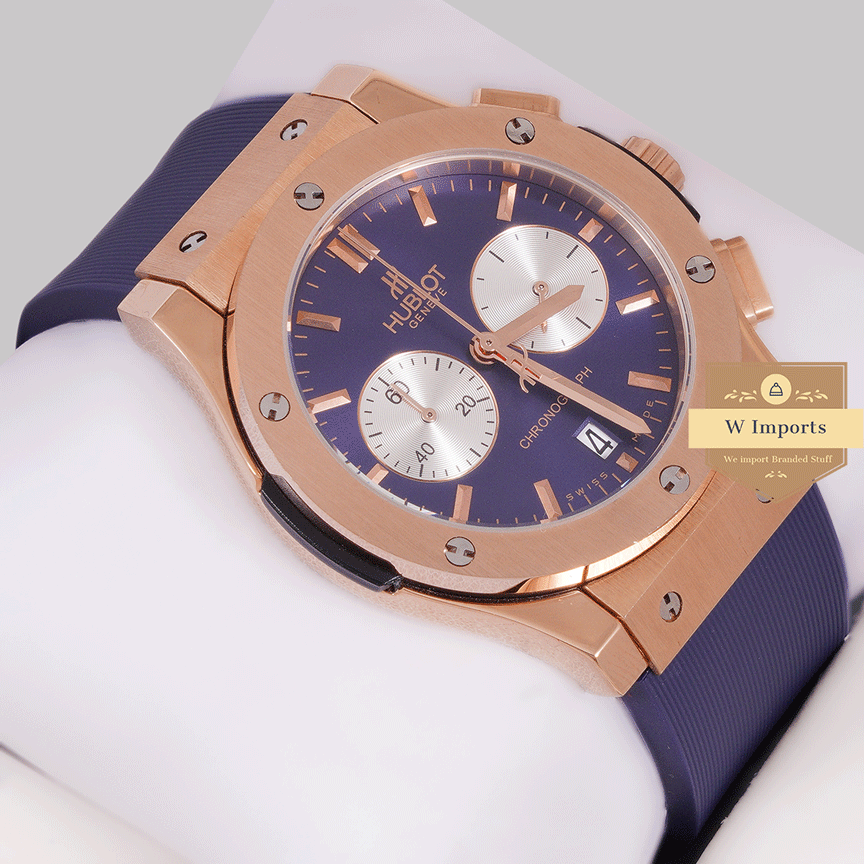 Latest Collection Chronograph Rose Gold Case With Blue Dial & Pvc Strap