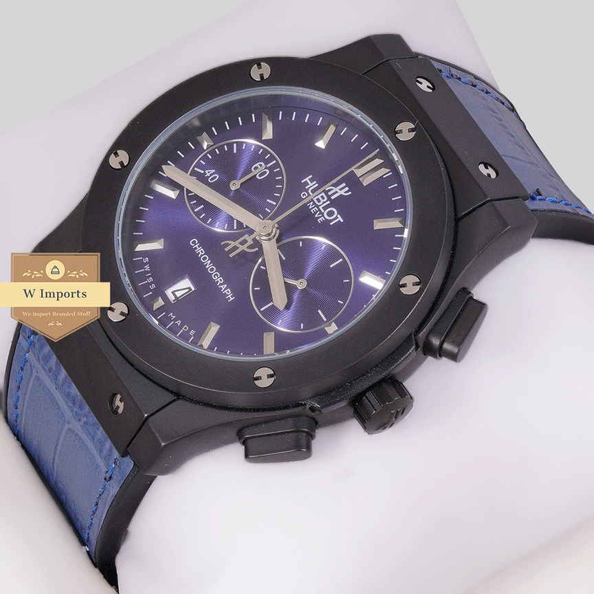 Latest Collection Chronograph Black Case With Blue Dial & Blue Leather Strap