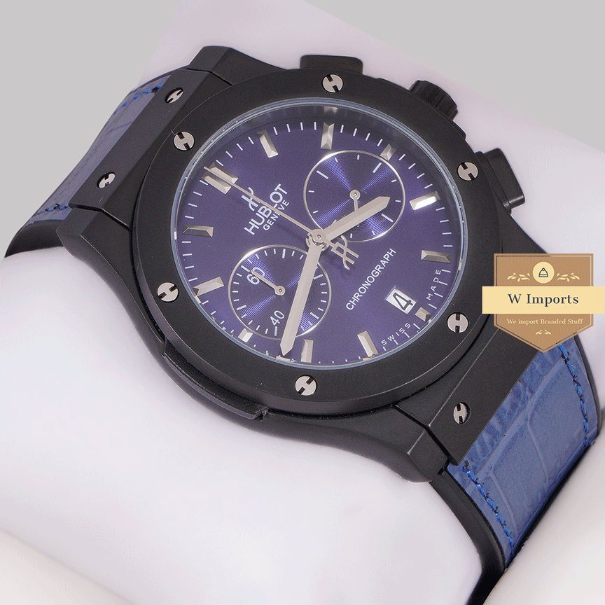 Latest Collection Chronograph Black Case With Blue Dial & Blue Leather Strap