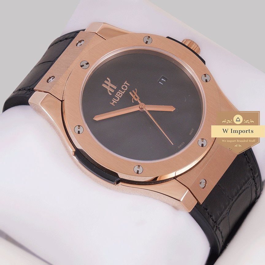 Latest Collection Rose Gold Case With Black Dial & Black Leather Strap