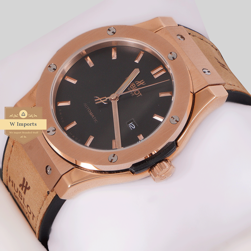 Latest Collection Rose Gold Case With Black Dial & Brown Velvet Strap