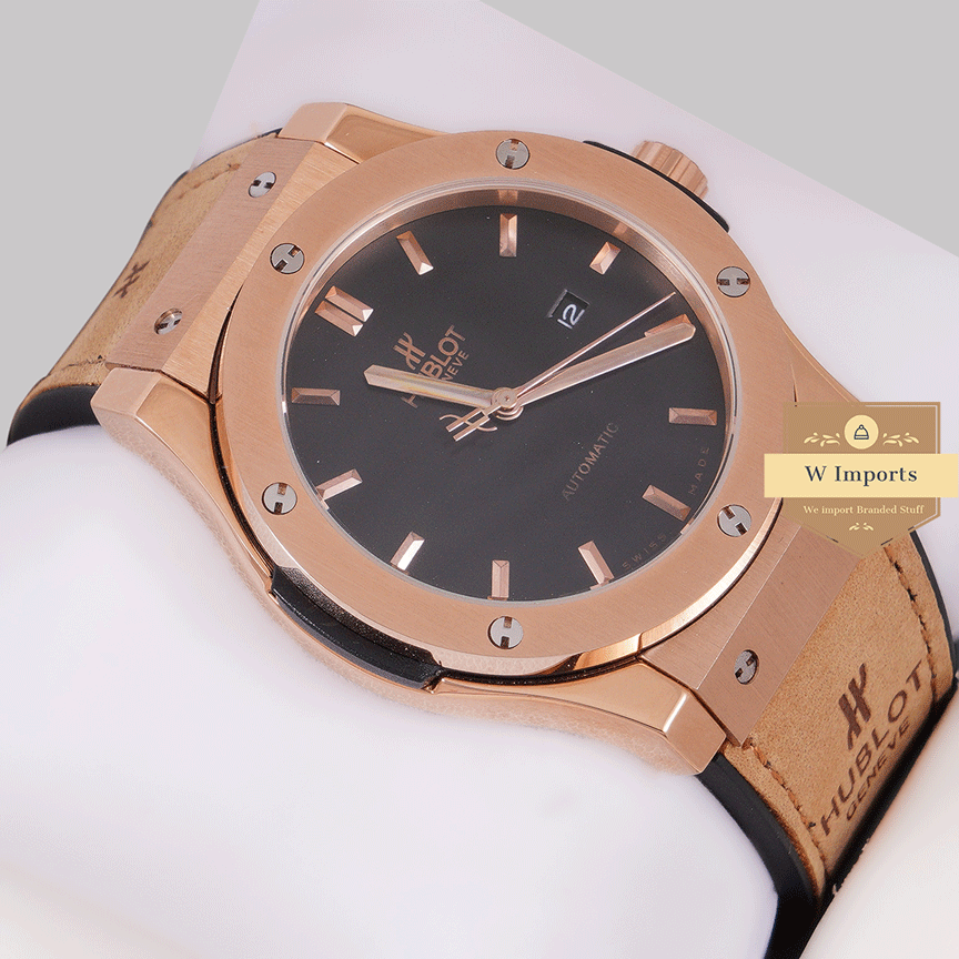Latest Collection Rose Gold Case With Black Dial & Brown Velvet Strap