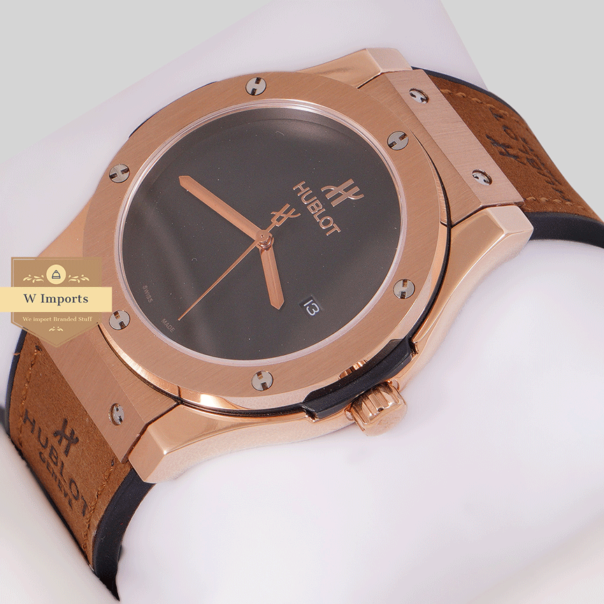 Latest Collection Rose Gold Case With Black Dial & Brown Velvet Strap