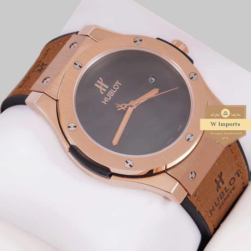 Latest Collection Rose Gold Case With Black Dial & Brown Velvet Strap