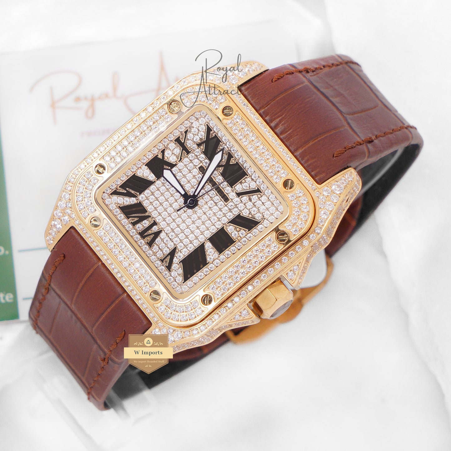 Latest Collection Yellow Gold Stone Case With Dial & Camel Brown Leather Strap