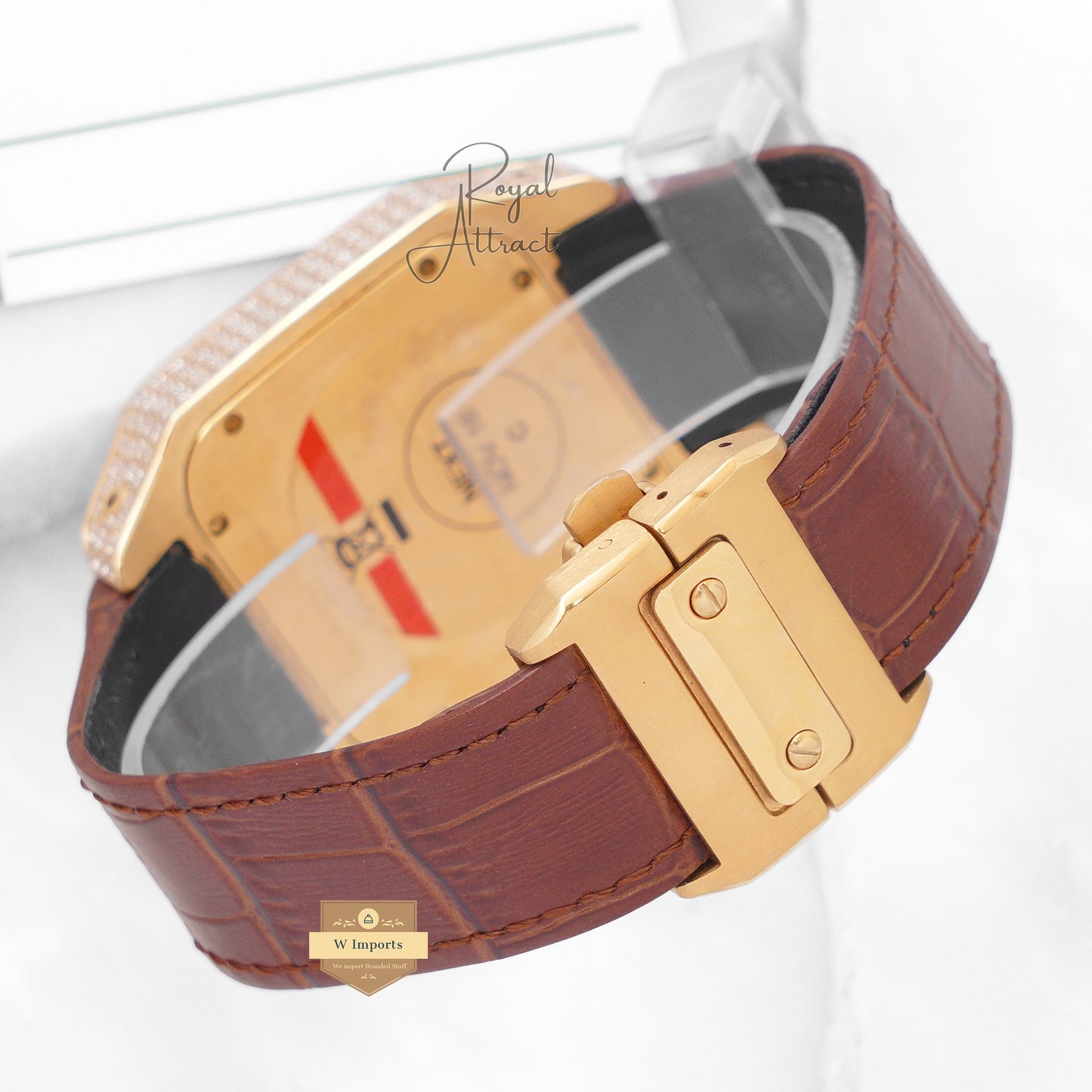 Latest Collection Yellow Gold Stone Case With Dial & Camel Brown Leather Strap
